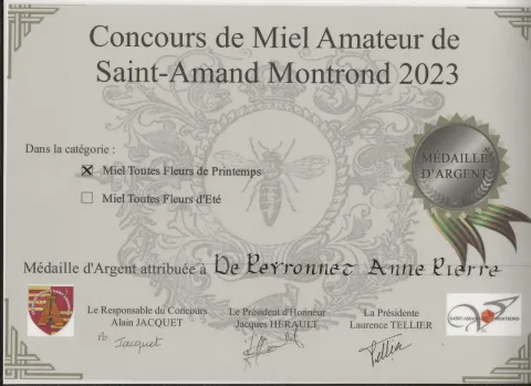 Médaille d'argent du concours apiculteur amateur de Saint-Amand-Montrond