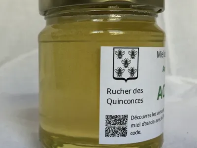 Pot de 250gr de miel acacia, printemps 2025, face1
