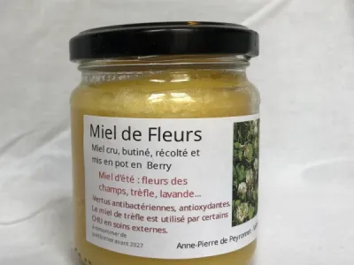 Pot de 250gr de miel milles fleurs, été 2024, face1